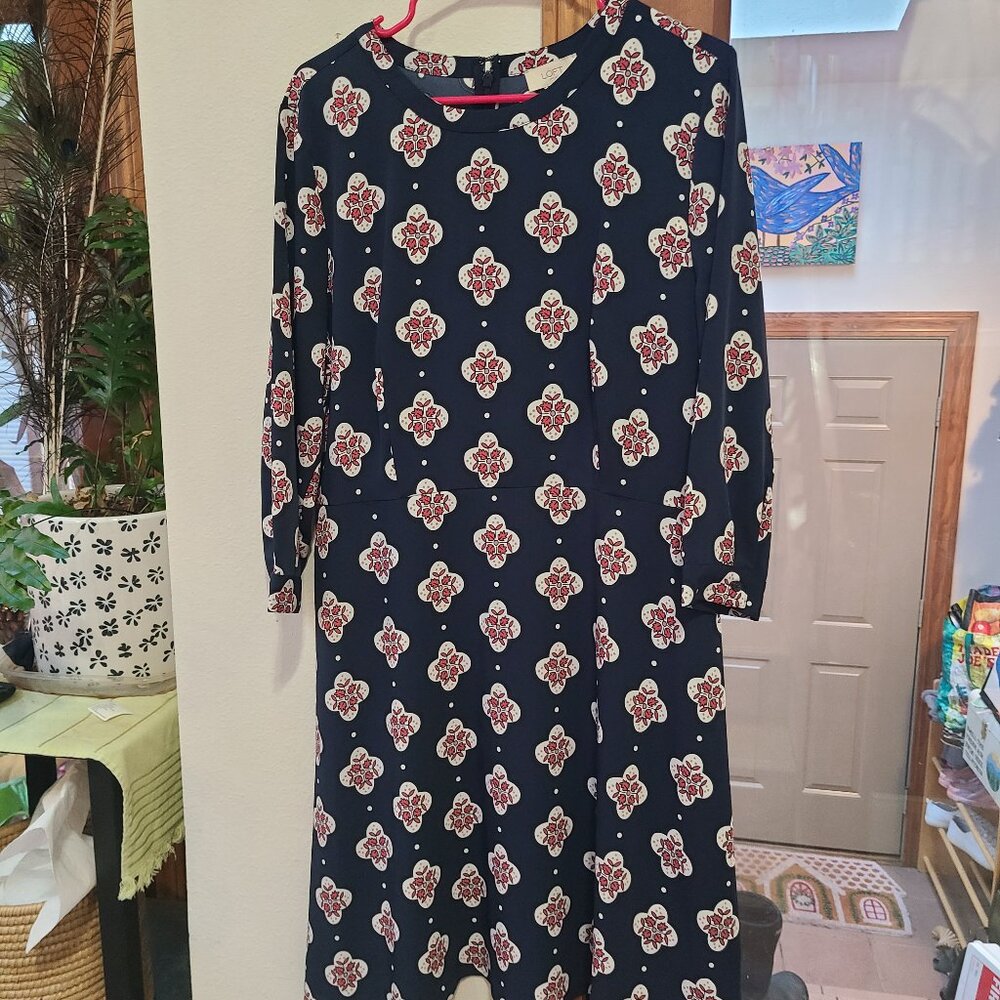 LOFT Navy Women's Long Sleeve Dress, Red and White Floral Pattern
